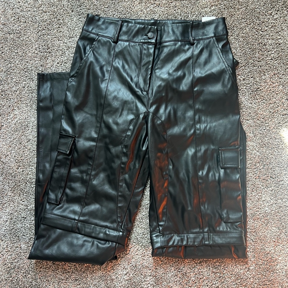 Black Faux Leather Cargo Pants